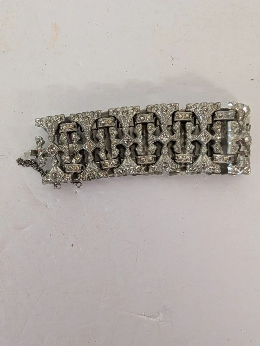 Vintage Bracelet ART DECO Rhinestone Crystal Link Silver Wide Cuff